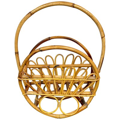 Bamboo & Rattan Round Magazine Rack Stand, Italy, 1960s-LYQ-1171571