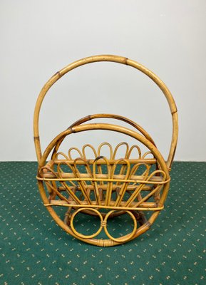 Bamboo & Rattan Round Magazine Rack Stand, Italy, 1960s-LYQ-1171571