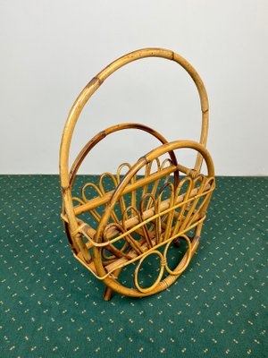 Bamboo & Rattan Round Magazine Rack Stand, Italy, 1960s-LYQ-1171571