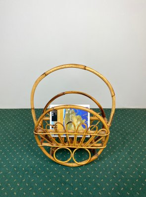 Bamboo & Rattan Round Magazine Rack Stand, Italy, 1960s-LYQ-1171571