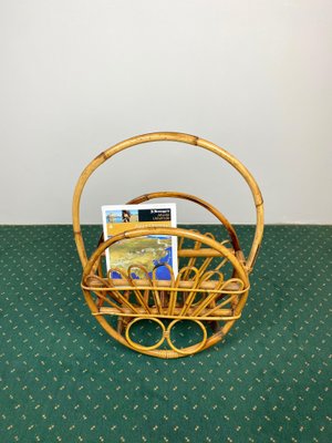 Bamboo & Rattan Round Magazine Rack Stand, Italy, 1960s-LYQ-1171571