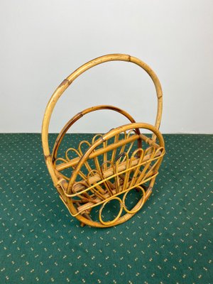 Bamboo & Rattan Round Magazine Rack Stand, Italy, 1960s-LYQ-1171571