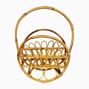 Bamboo & Rattan Round Magazine Rack Stand, Italy, 1960s-LYQ-1171571