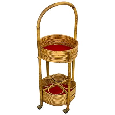 Bamboo & Rattan Round Service Side Bar Cart, Italy, 1960s-LYQ-1171656