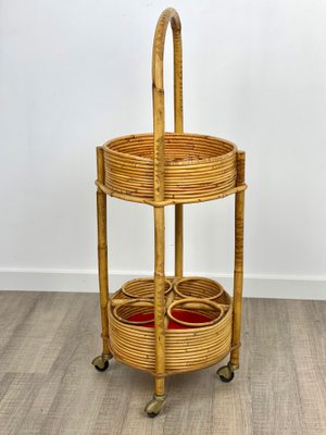 Bamboo & Rattan Round Service Side Bar Cart, Italy, 1960s-LYQ-1171656