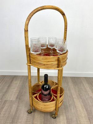 Bamboo & Rattan Round Service Side Bar Cart, Italy, 1960s-LYQ-1171656