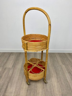 Bamboo & Rattan Round Service Side Bar Cart, Italy, 1960s-LYQ-1171656