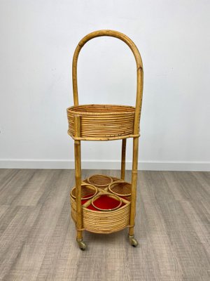 Bamboo & Rattan Round Service Side Bar Cart, Italy, 1960s-LYQ-1171656