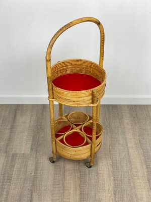 Bamboo & Rattan Round Service Side Bar Cart, Italy, 1960s-LYQ-1171656