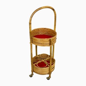 Bamboo & Rattan Round Service Side Bar Cart, Italy, 1960s-LYQ-1171656