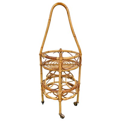 Bamboo Rattan Round Serving Bar Cart & Bottle Holder, Italy, 1960s-LYQ-1171361