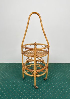 Bamboo Rattan Round Serving Bar Cart & Bottle Holder, Italy, 1960s-LYQ-1171361