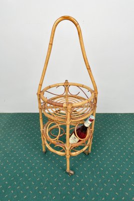 Bamboo Rattan Round Serving Bar Cart & Bottle Holder, Italy, 1960s-LYQ-1171361