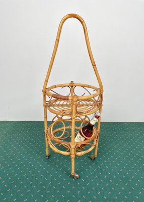 Bamboo Rattan Round Serving Bar Cart & Bottle Holder, Italy, 1960s-LYQ-1171361