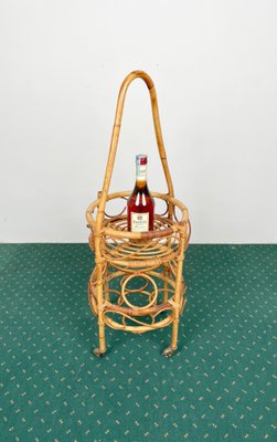 Bamboo Rattan Round Serving Bar Cart & Bottle Holder, Italy, 1960s-LYQ-1171361