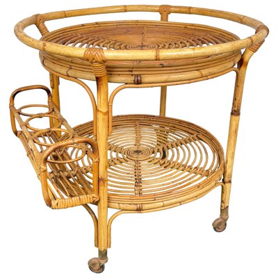 Bamboo & Rattan Round Serving Bar Cart Trolley, Italy, 1960s-LYQ-1171363