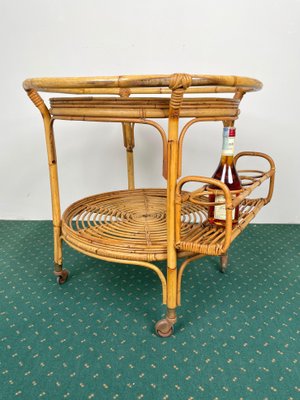 Bamboo & Rattan Round Serving Bar Cart Trolley, Italy, 1960s-LYQ-1171363