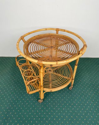 Bamboo & Rattan Round Serving Bar Cart Trolley, Italy, 1960s-LYQ-1171363