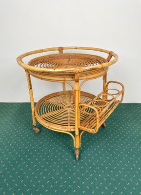 Bamboo & Rattan Round Serving Bar Cart Trolley, Italy, 1960s-LYQ-1171363