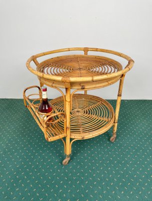 Bamboo & Rattan Round Serving Bar Cart Trolley, Italy, 1960s-LYQ-1171363