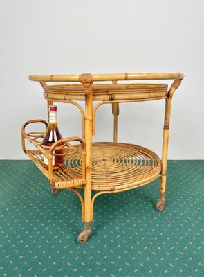 Bamboo & Rattan Round Serving Bar Cart Trolley, Italy, 1960s-LYQ-1171363