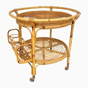 Bamboo & Rattan Round Serving Bar Cart Trolley, Italy, 1960s-LYQ-1171363