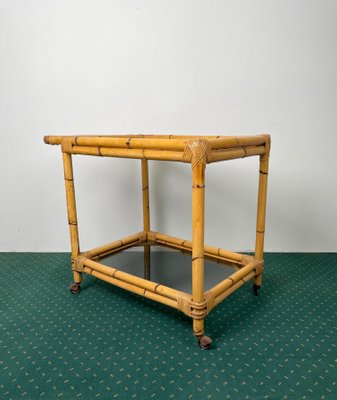 Bamboo Rattan & Smoked Glass Bar Serving Cart Trolley, Italy, 1960s-LYQ-1171386