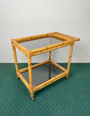 Bamboo Rattan & Smoked Glass Bar Serving Cart Trolley, Italy, 1960s-LYQ-1171386