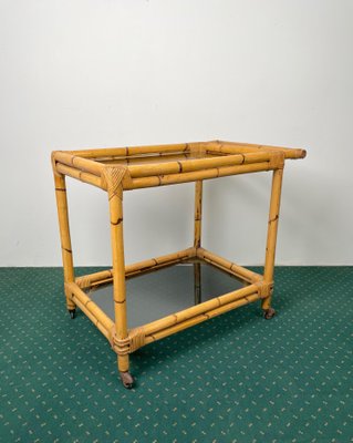 Bamboo Rattan & Smoked Glass Bar Serving Cart Trolley, Italy, 1960s-LYQ-1171386