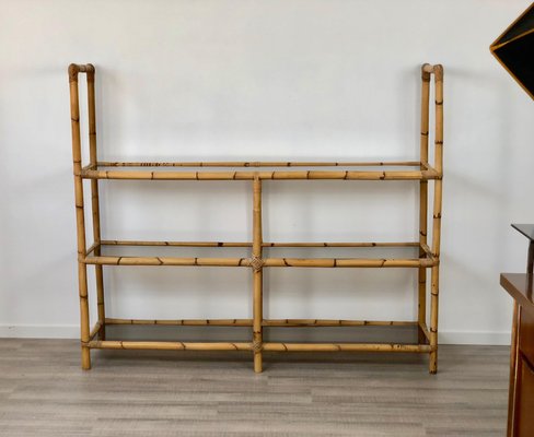 Bamboo Rattan & Smoked Glass Console Bookcase, Italy, 1960s-LYQ-1171572