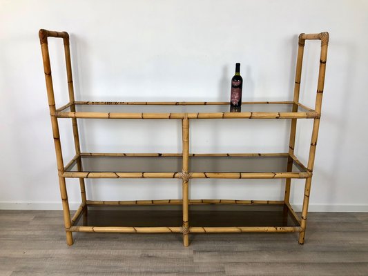 Bamboo Rattan & Smoked Glass Console Bookcase, Italy, 1960s-LYQ-1171572