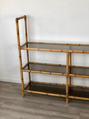 Bamboo Rattan & Smoked Glass Console Bookcase, Italy, 1960s-LYQ-1171572