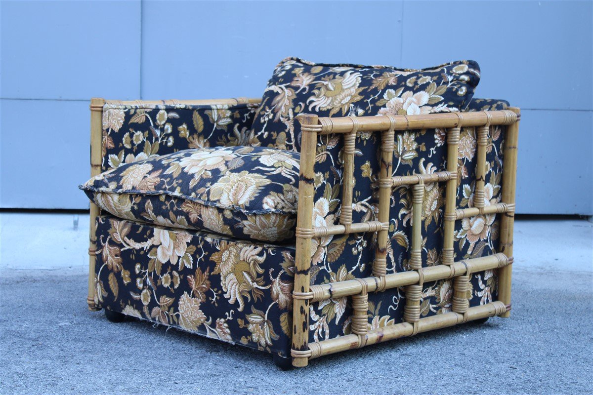 Bamboo Rods and Fabric with Flowers Armchair, 1970s