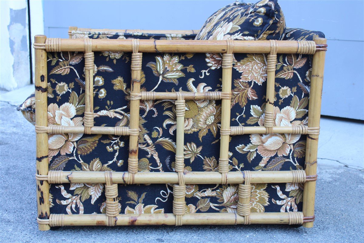 Bamboo Rods and Fabric with Flowers Armchair, 1970s