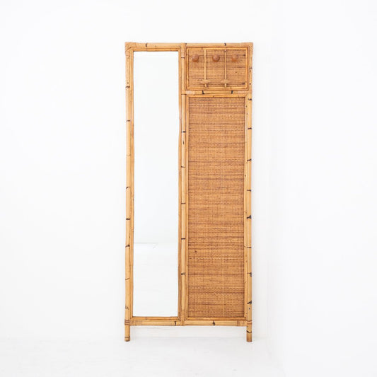 Bamboo & Rush Wall Hanger with Mirror, Italy, 1970s