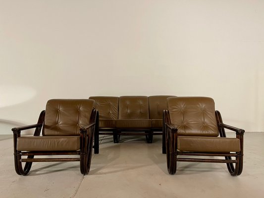 Bamboo Sofa and 2 Armchairs Set, 1970s, Set of 3-WID-1134286