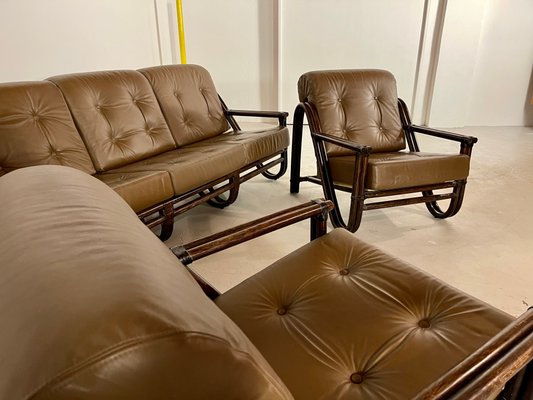 Bamboo Sofa and 2 Armchairs Set, 1970s, Set of 3-WID-1134286