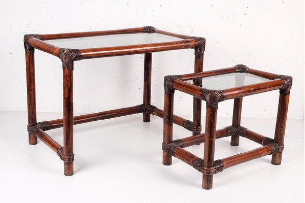 Bamboo Stacking Tables with Smoked Glass Top, Set of 2-LBS-1014641