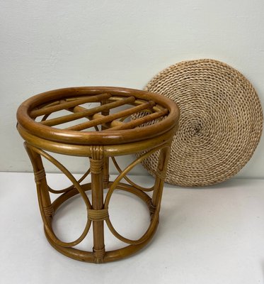 Bamboo Stool with Straw Pillow, 1970s-WZZ-1437890