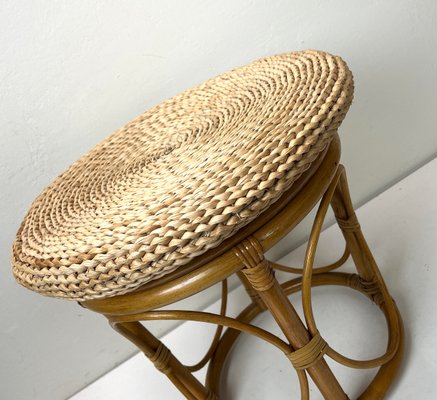 Bamboo Stool with Straw Pillow, 1970s-WZZ-1437890