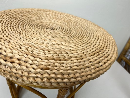 Bamboo Stool with Straw Pillow, 1970s-WZZ-1437890