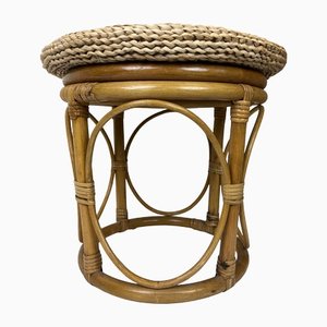 Bamboo Stool with Straw Pillow, 1970s-WZZ-1437890