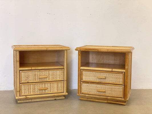 Bamboo & Wicker Bedside Tables, 1970s, Set of 2