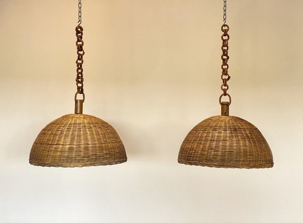 Bamboo & Wicker Chandeliers, 1970s, Set of 7