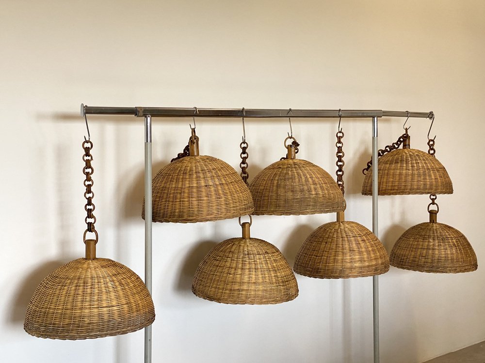 Bamboo & Wicker Chandeliers, 1970s, Set of 7