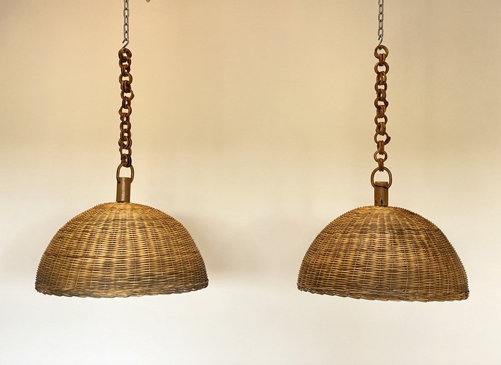 Bamboo & Wicker Chandeliers, 1970s, Set of 7