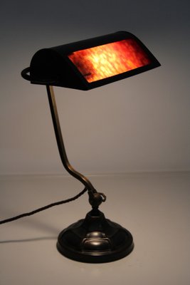 Bankers Lamp in Brass with Colored Glass Insert, 1920s-ZWH-1787533