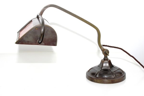 Bankers Lamp in Brass with Colored Glass Insert, 1920s-ZWH-1787533