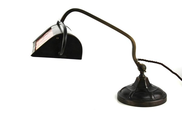 Bankers Lamp in Brass with Colored Glass Insert, 1920s-ZWH-1787533