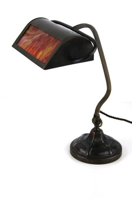 Bankers Lamp in Brass with Colored Glass Insert, 1920s-ZWH-1787533